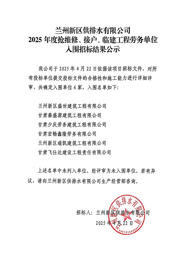 蘭州新區供排水有限公司2025年度接戶(hù)、搶維修及臨建工程勞務(wù)單位入圍招標結果公示_00.jpg 蘭州新區供排水有限公司2025年度接戶(hù)、搶維修及臨建工程勞務(wù)單位入圍招標結果公示_00.jpg